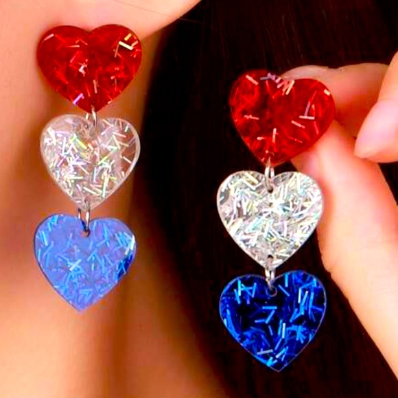 Jewelry - 🇺🇸❤️🤍💙 LOVE U.S.A.❗️PATRIOTIC❗️ HEART-SHAPED RED, SILVER, & BLUE EARRINGS❗️